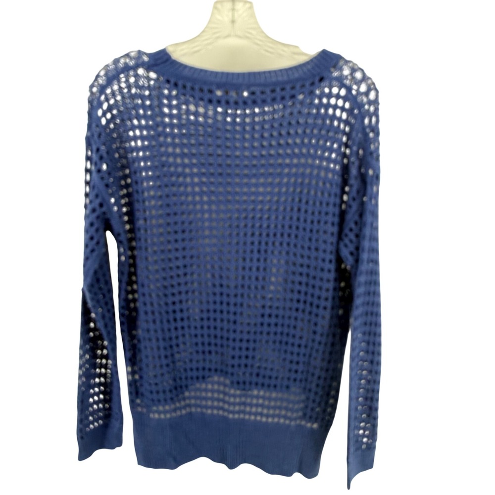 Crochet Blue Open Knit Mesh Sweater Womens Small Medium Crew Neck High Low